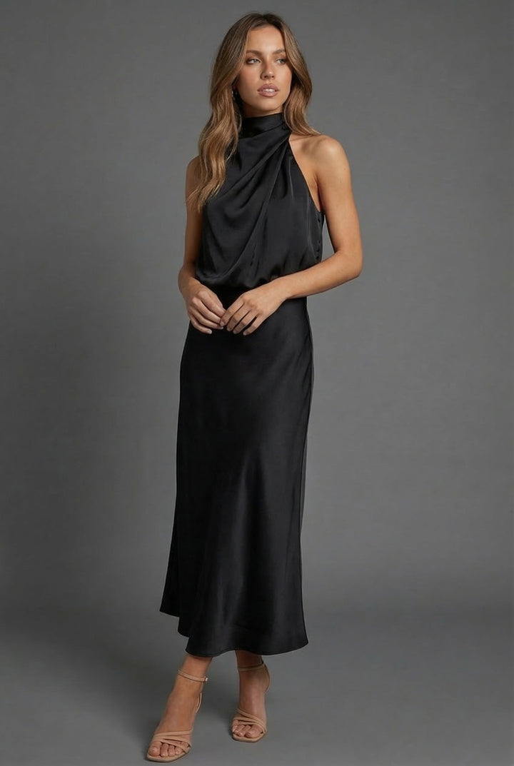 Halterneck Draped Satin Midi Dress — Sleeveless