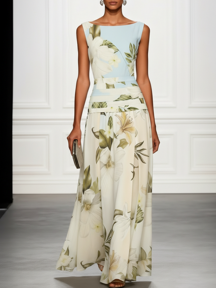 Boat Neckline Sleeveless Floral Maxi Dress