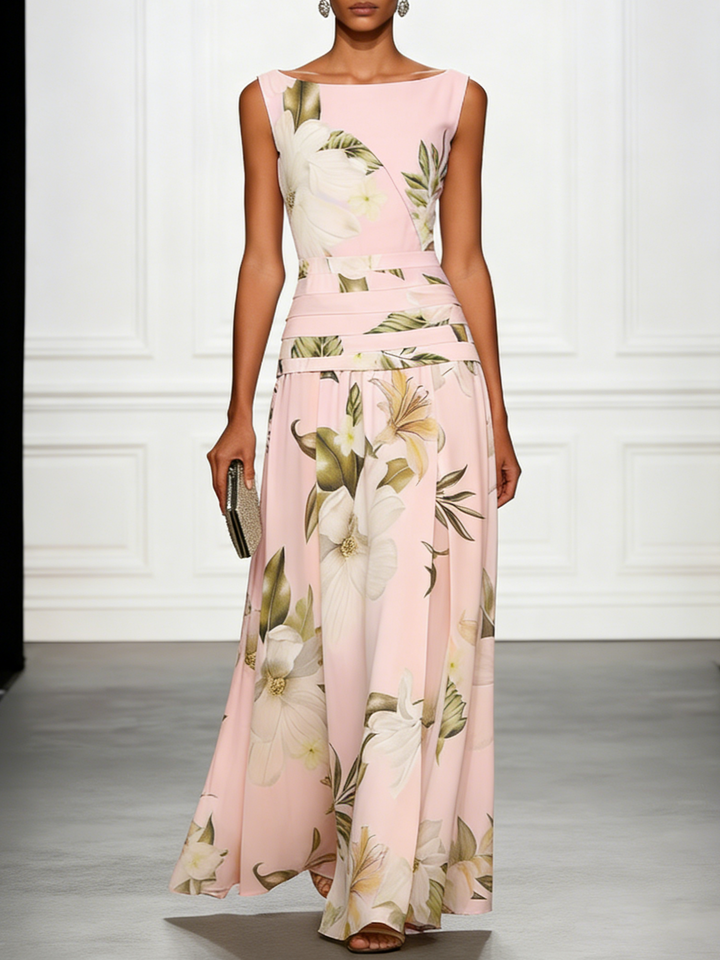 Boat Neckline Sleeveless Floral Maxi Dress