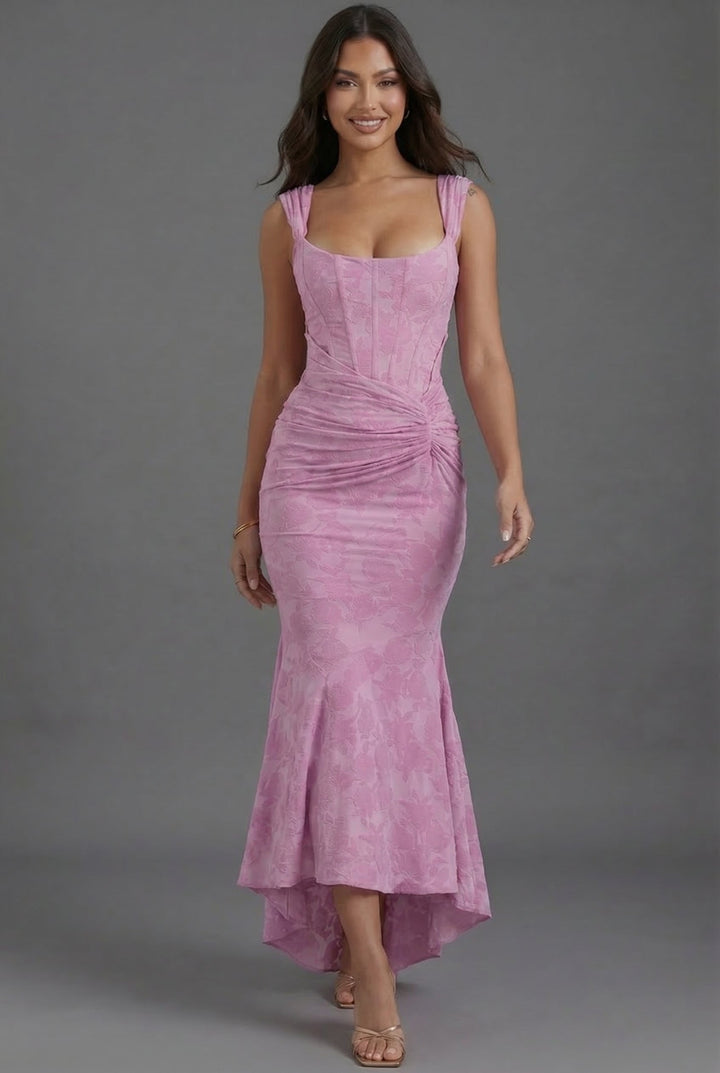 Floral Jacquard Fishtail Maxi Dress with Square Neck Corset