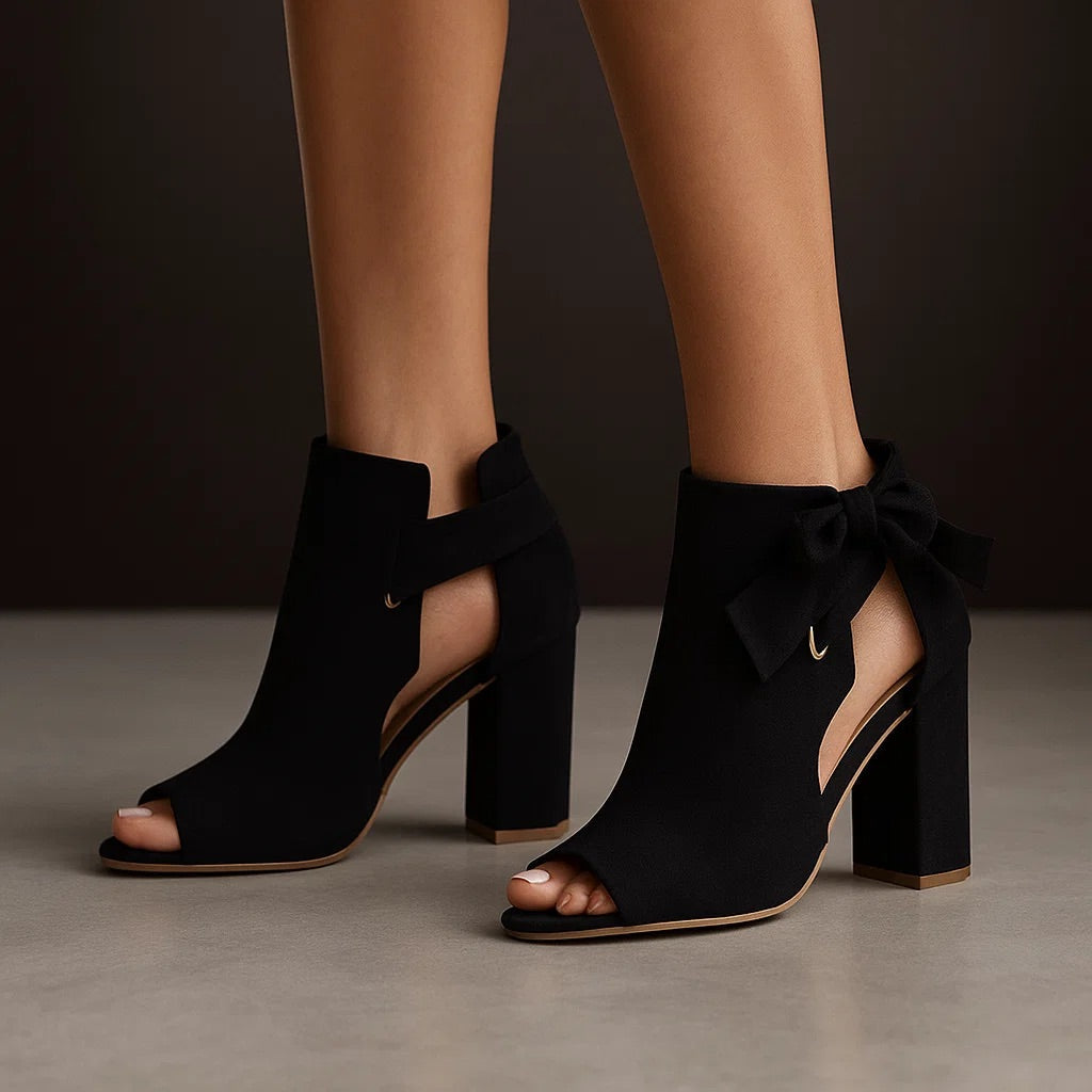 Women Suede Peep Toe Chunky Heel Bow Sandals Ankle Boots