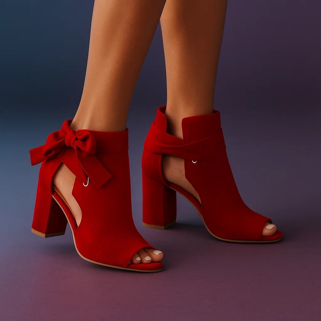 Women Suede Peep Toe Chunky Heel Bow Sandals Ankle Boots