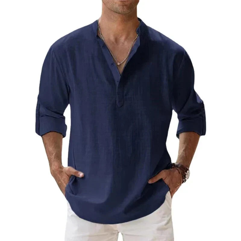Men Henley Linen Shirt Men Long Sleeve Casual Top