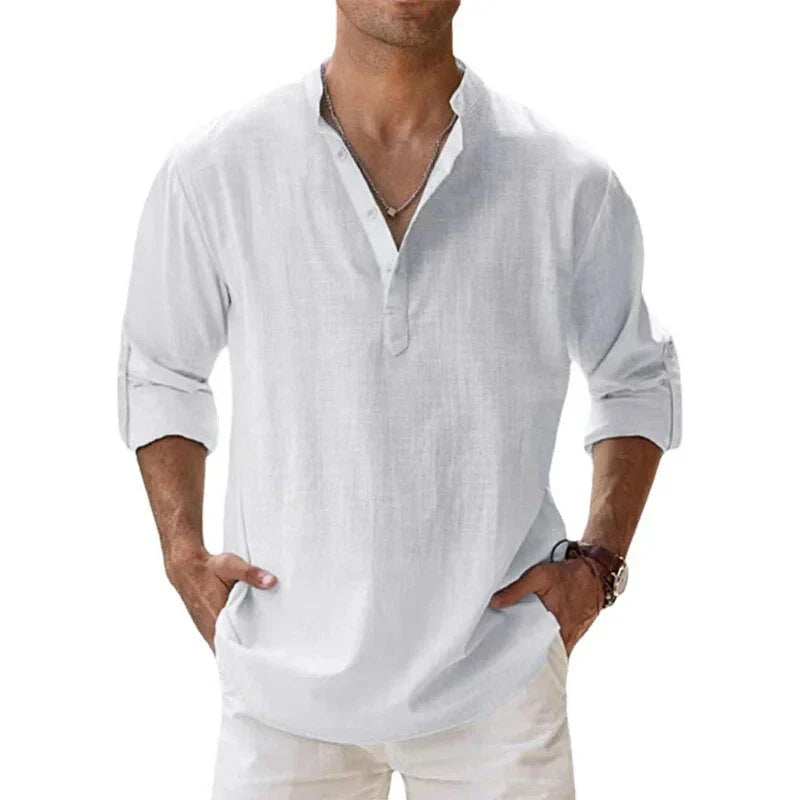 Men Henley Linen Shirt Men Long Sleeve Casual Top