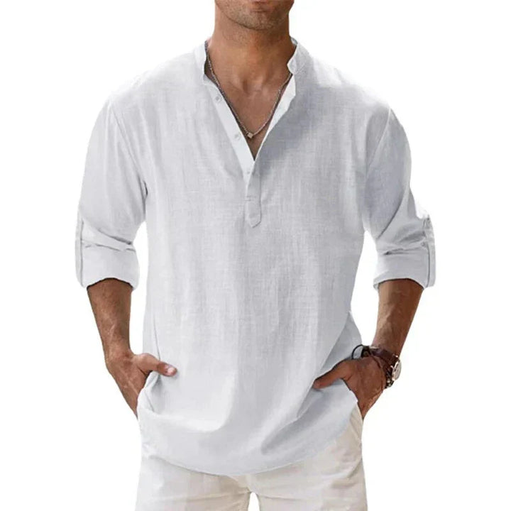 Men Henley Linen Shirt Men Long Sleeve Casual Top
