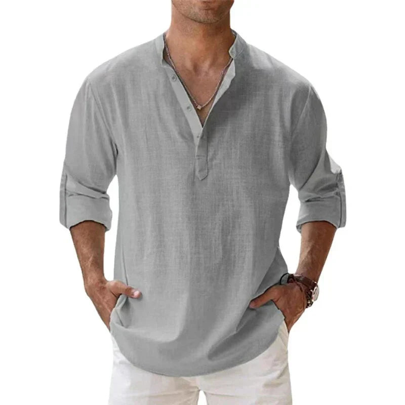 Men Henley Linen Shirt Men Long Sleeve Casual Top