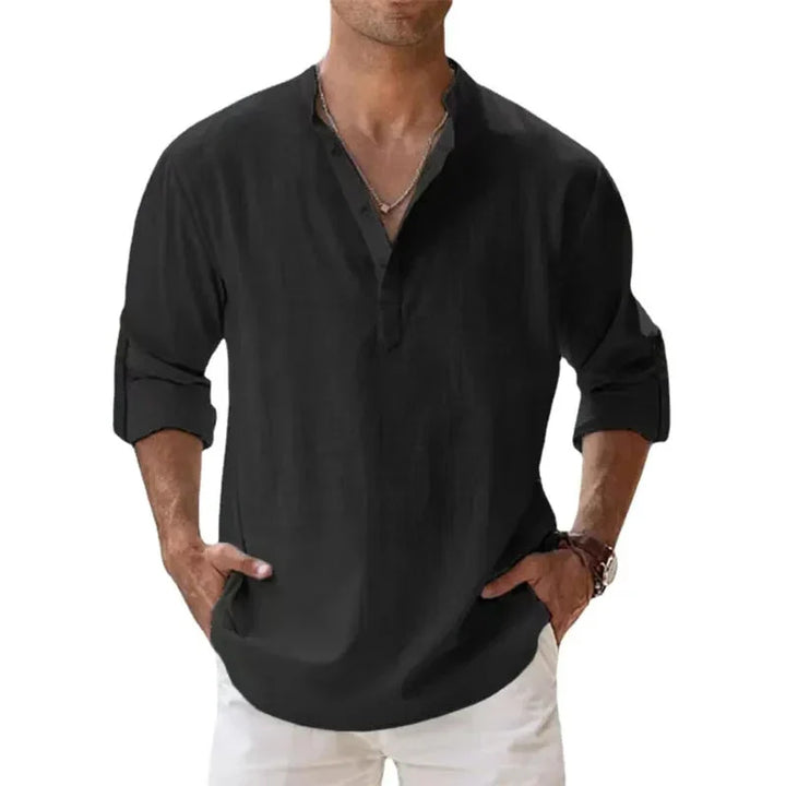 Men Henley Linen Shirt Men Long Sleeve Casual Top