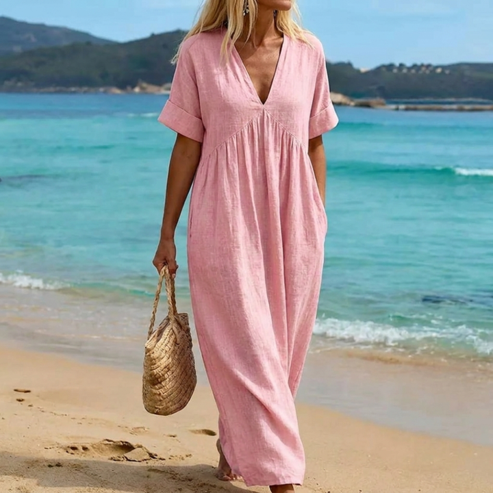 Women's Linen Maxi Dress V Neck Casual Beach Sundress